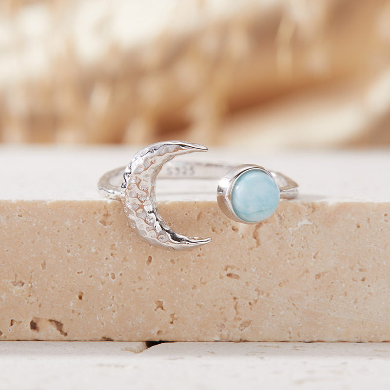 S925 sterling silver inlaid with natural gemstone moon-shaped ring