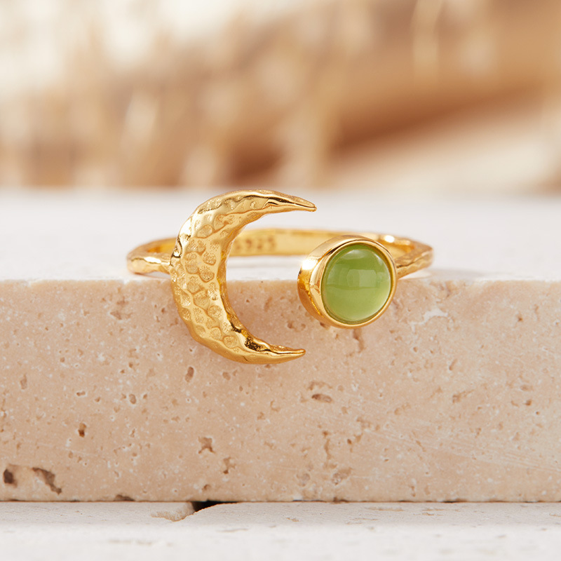 S925 sterling silver inlaid with natural gemstone moon-shaped ring