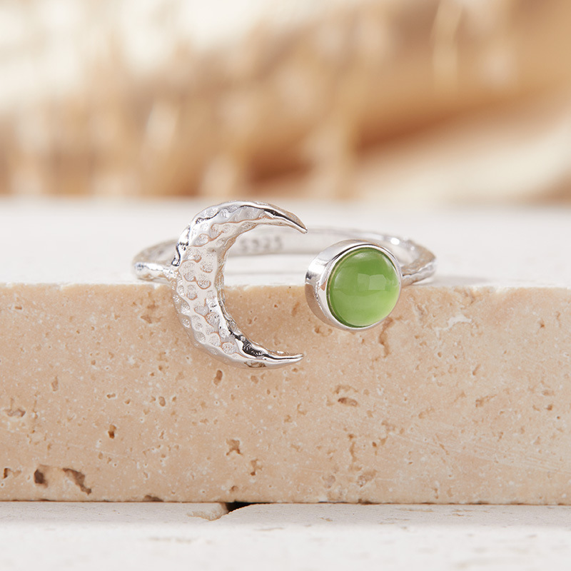 S925 sterling silver inlaid with natural gemstone moon-shaped ring