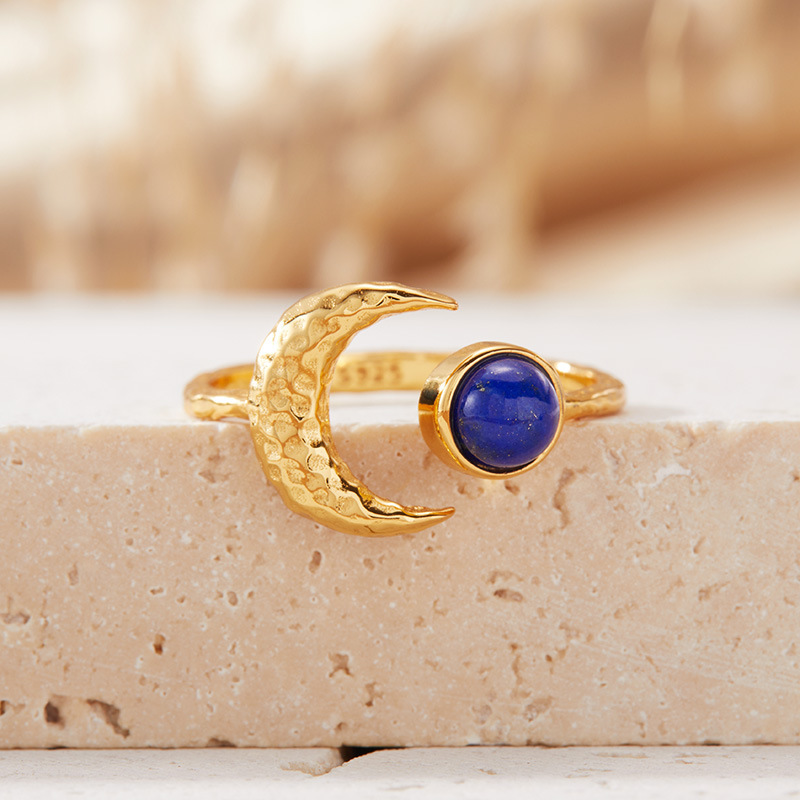S925 sterling silver inlaid with natural gemstone moon-shaped ring