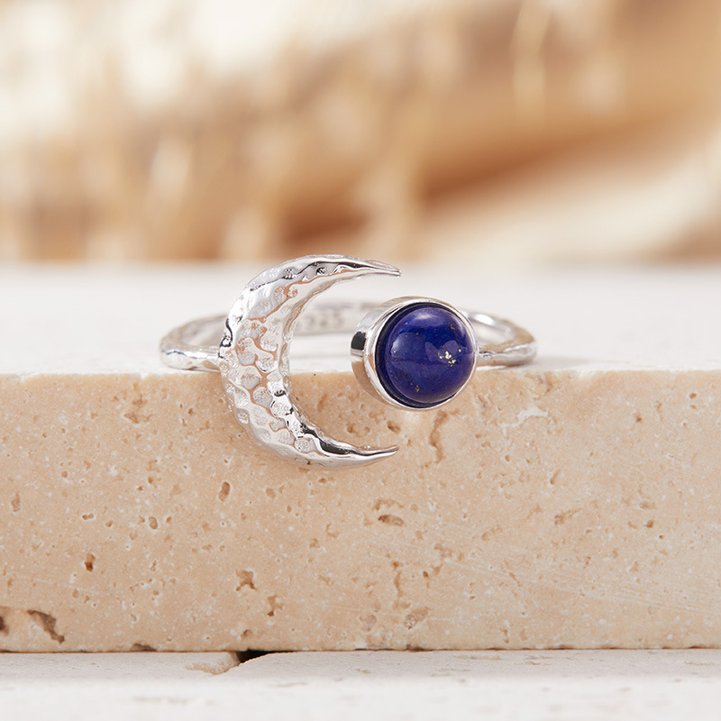 S925 sterling silver inlaid with natural gemstone moon-shaped ring