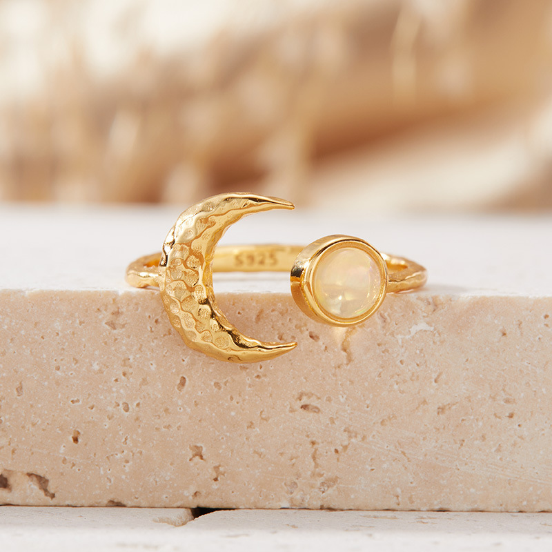 S925 sterling silver inlaid with natural gemstone moon-shaped ring