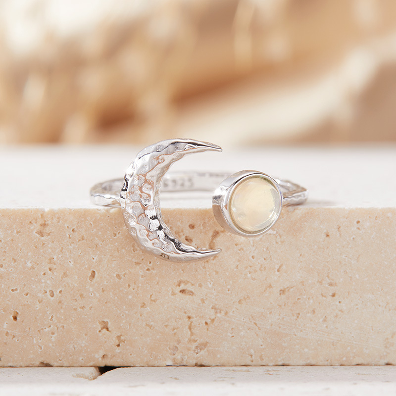 S925 sterling silver inlaid with natural gemstone moon-shaped ring