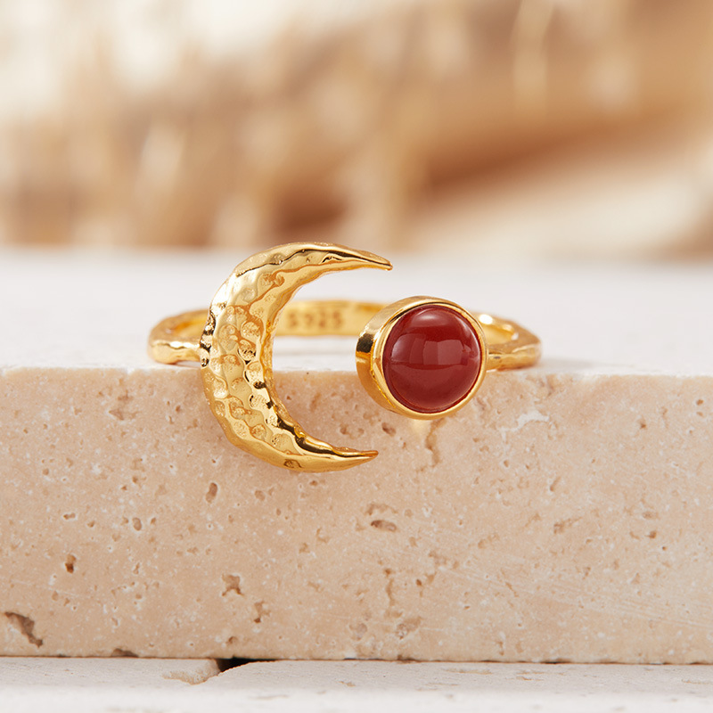 S925 sterling silver inlaid with natural gemstone moon-shaped ring