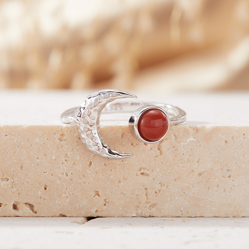S925 sterling silver inlaid with natural gemstone moon-shaped ring