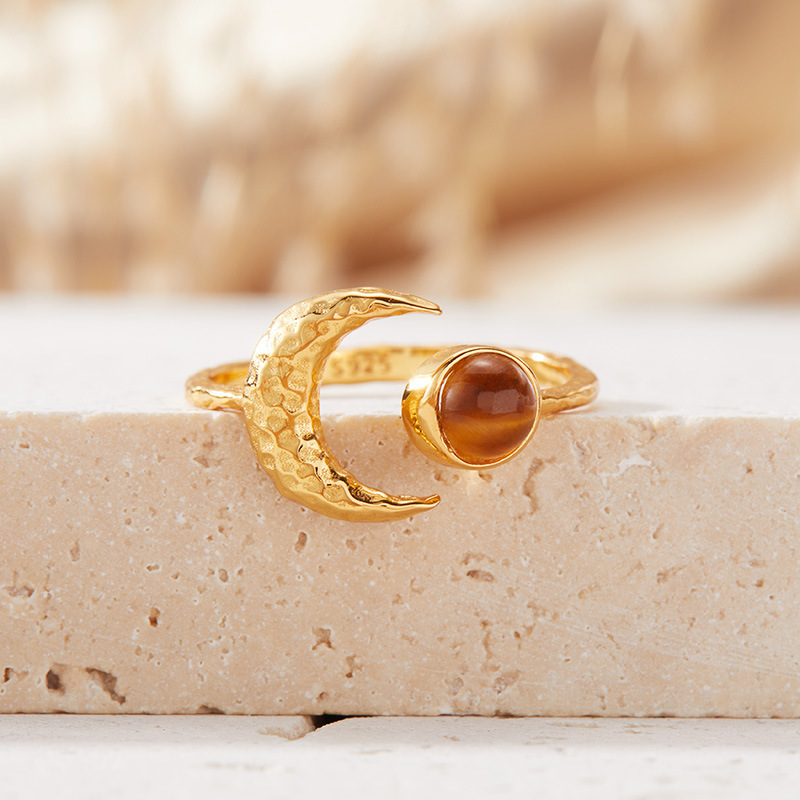 S925 sterling silver inlaid with natural gemstone moon-shaped ring