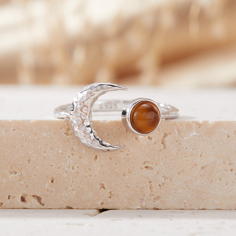 S925 sterling silver inlaid with natural gemstone moon-shaped ring