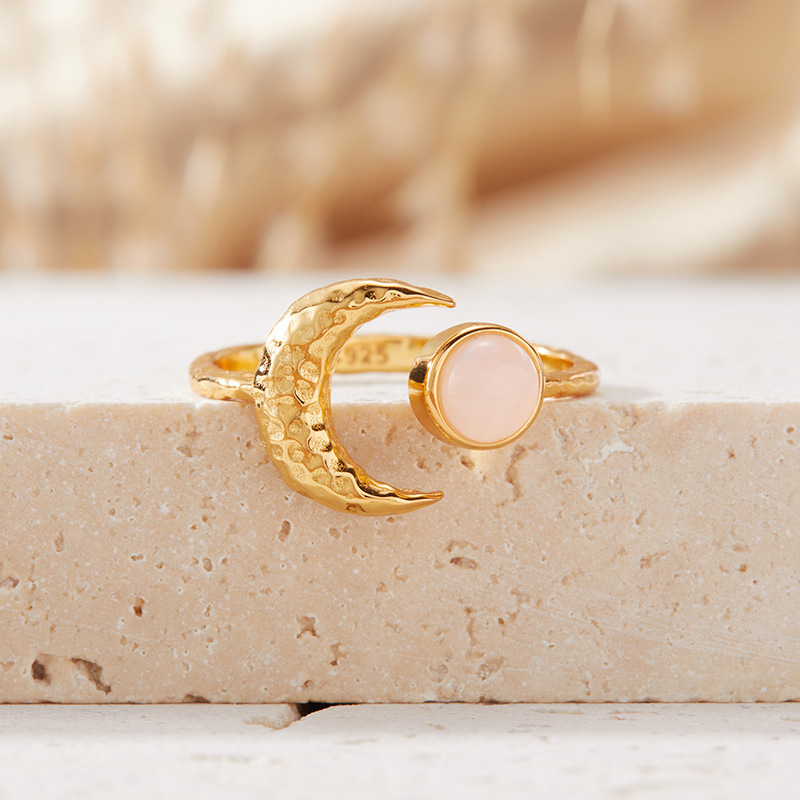 S925 sterling silver inlaid with natural gemstone moon-shaped ring