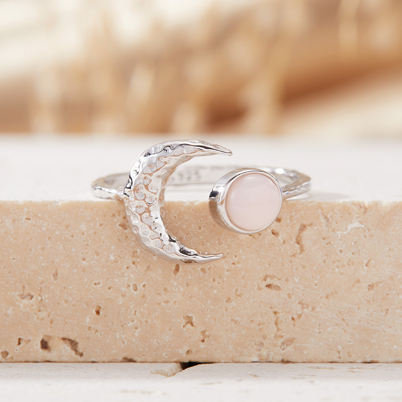 S925 sterling silver inlaid with natural gemstone moon-shaped ring