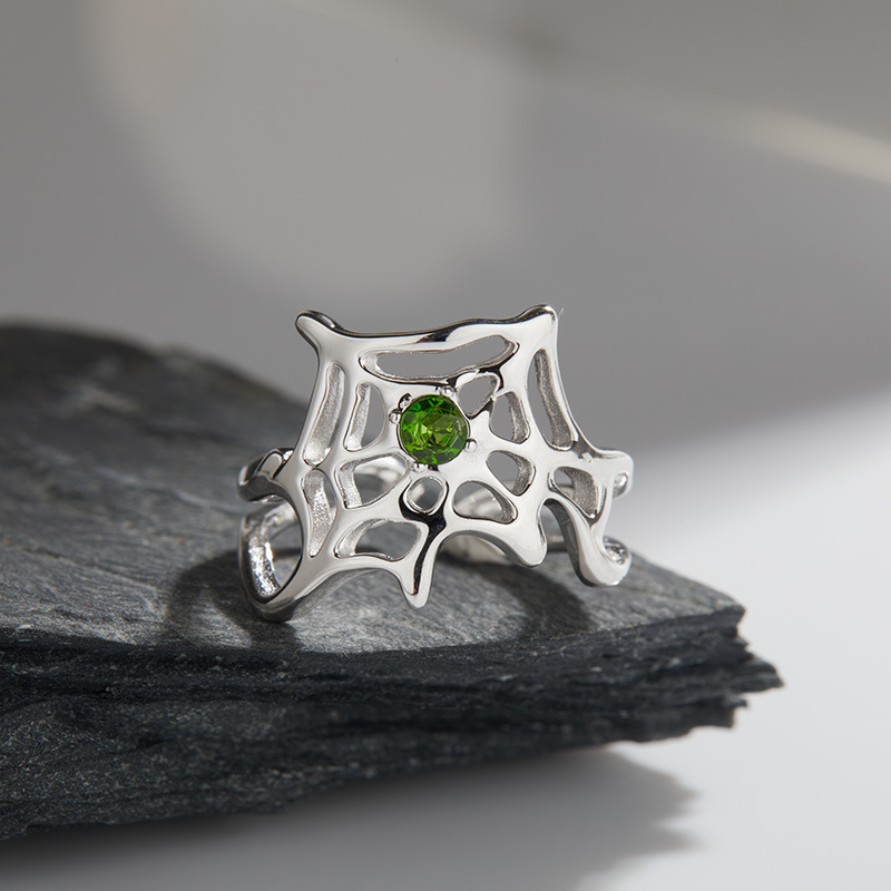 S925 sterling silver inlaid with natural crystal gemstone spider web ring