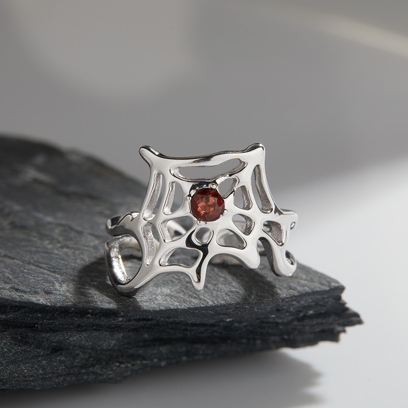 S925 sterling silver inlaid with natural crystal gemstone spider web ring