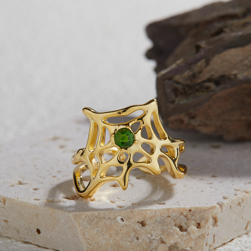 S925 sterling silver inlaid with natural crystal gemstone spider web ring