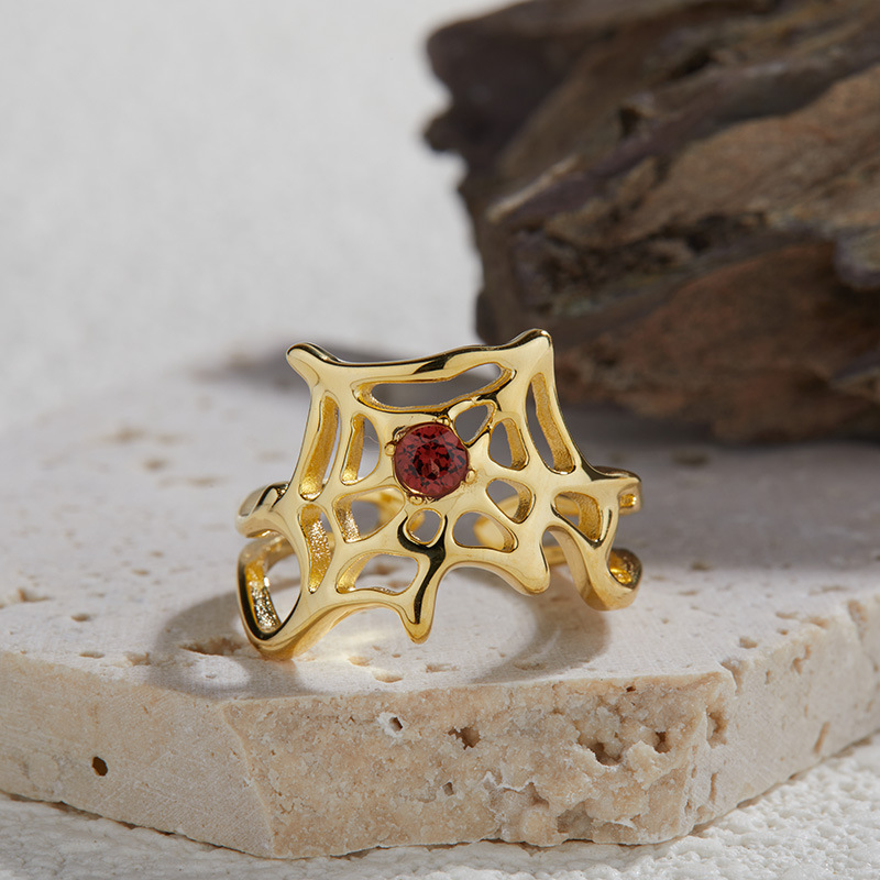 S925 sterling silver inlaid with natural crystal gemstone spider web ring