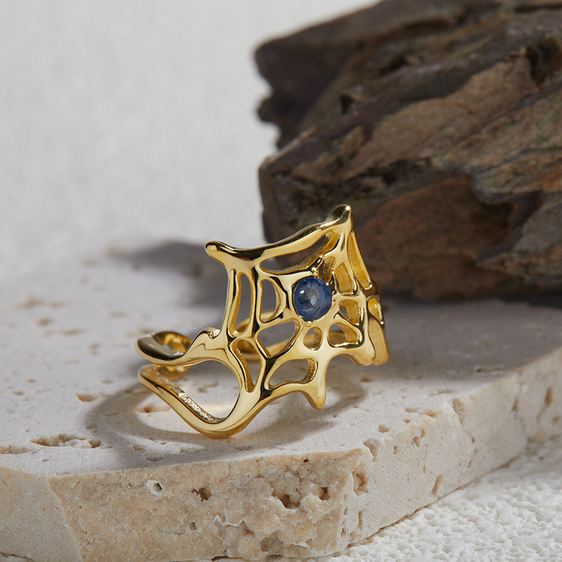 S925 sterling silver inlaid with natural crystal gemstone spider web ring