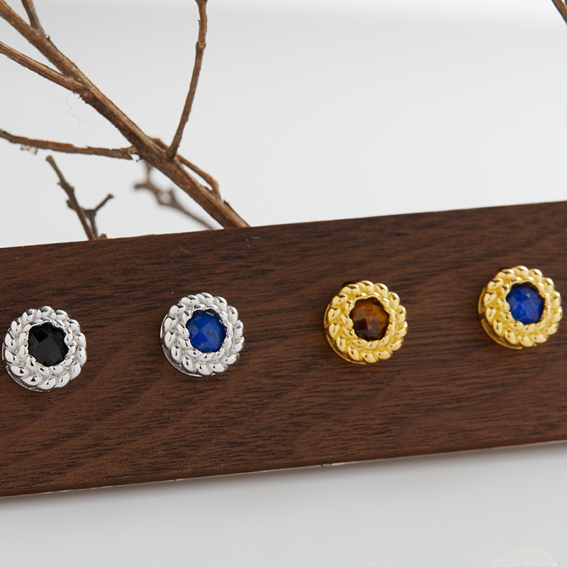 S925 sterling silver inlaid with natural black agate lapis lazuli tiger eye earrings