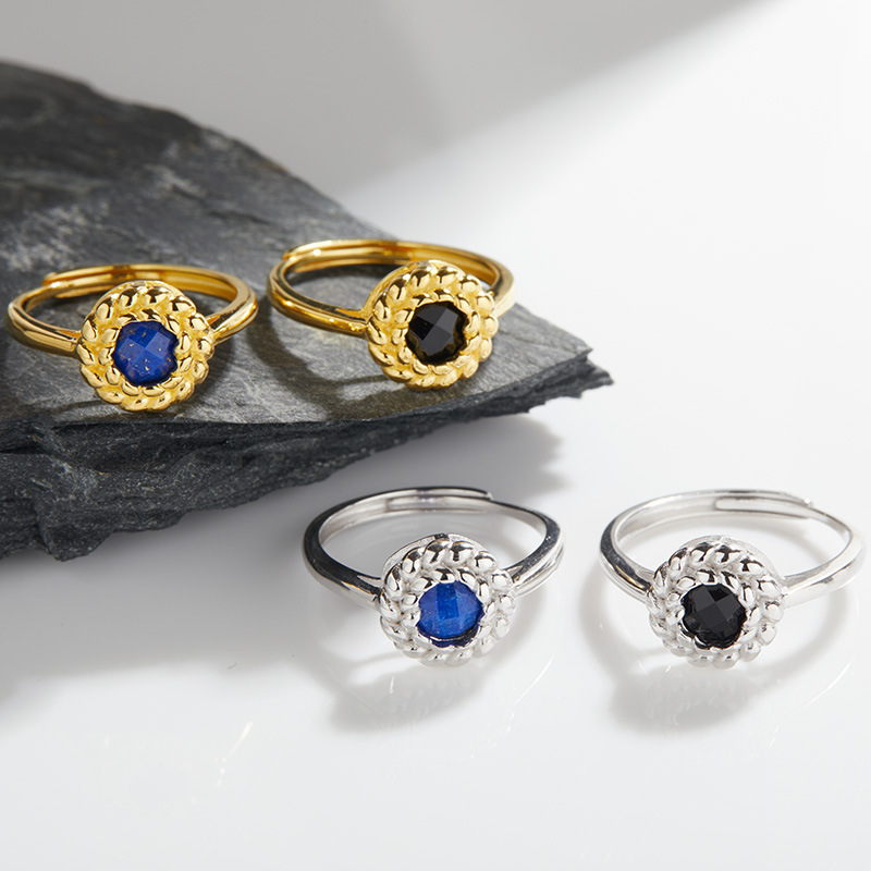 S925 sterling silver ring with natural black agate lapis lazuli
