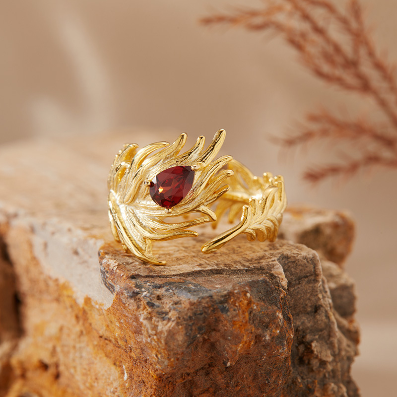 S925 sterling silver inlaid with natural gemstone crystal feather ring