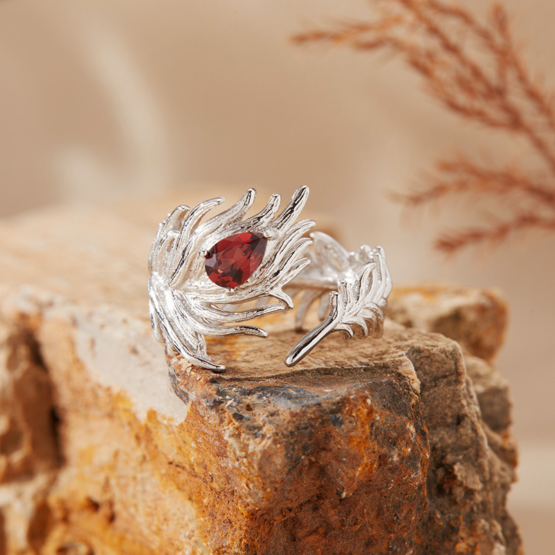 S925 sterling silver inlaid with natural gemstone crystal feather ring