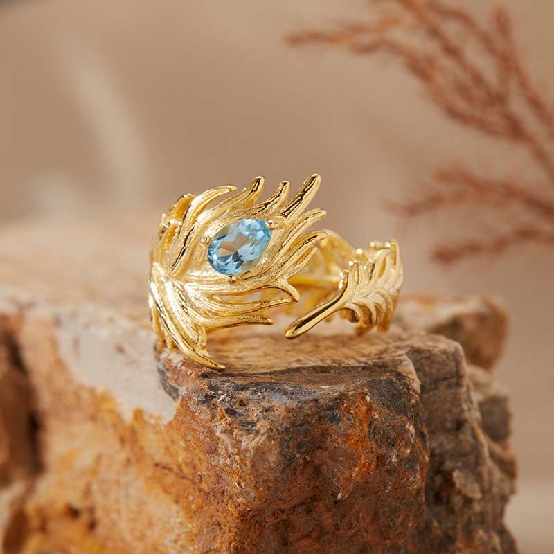 S925 sterling silver inlaid with natural gemstone crystal feather ring