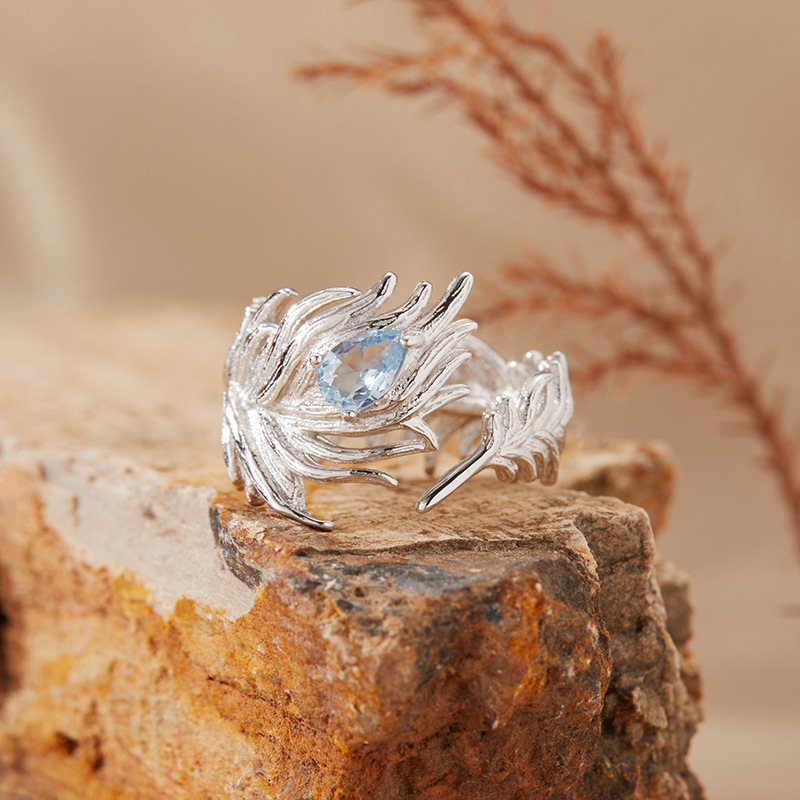 S925 sterling silver inlaid with natural gemstone crystal feather ring