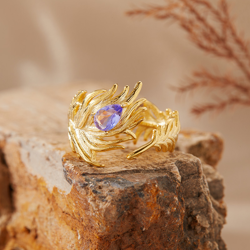 S925 sterling silver inlaid with natural gemstone crystal feather ring