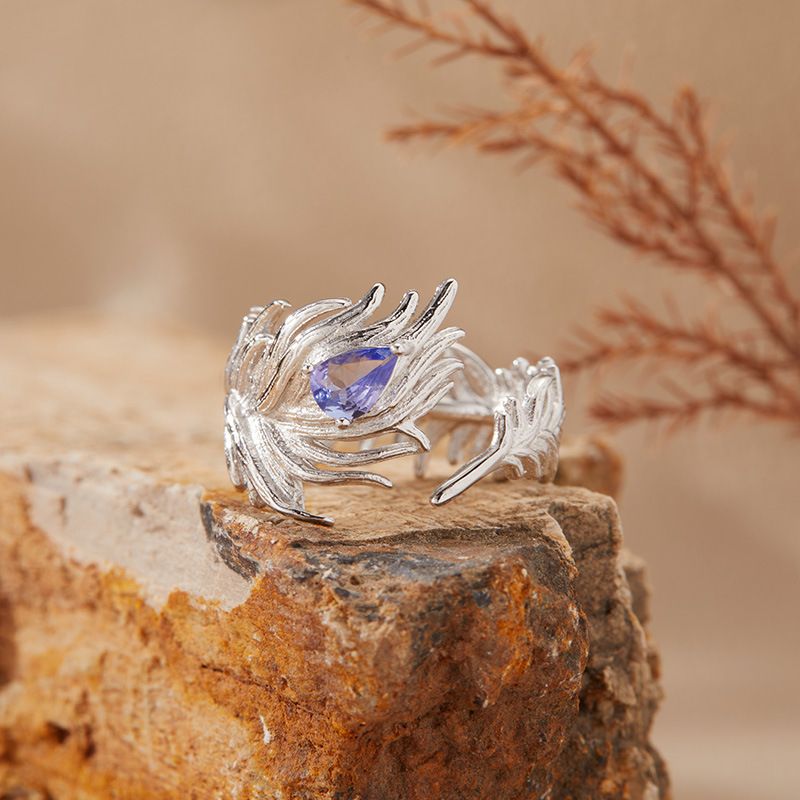 S925 sterling silver inlaid with natural gemstone crystal feather ring
