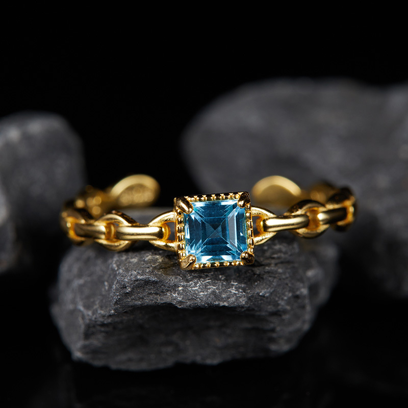 S925 sterling silver inlaid with natural topaz sugar cube open ring