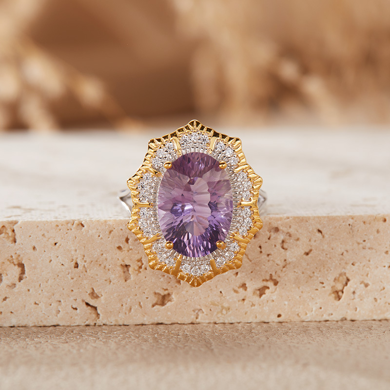S925 sterling silver inlaid with natural crystal millennium cut ring