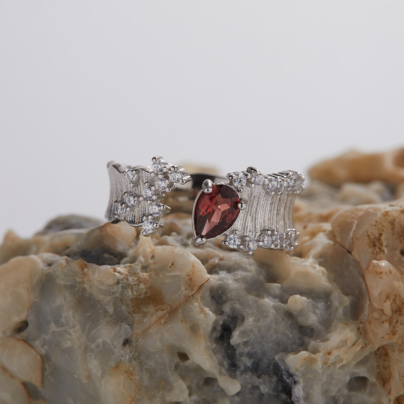 S925 sterling silver inlaid natural gemstone brushed effect open ring