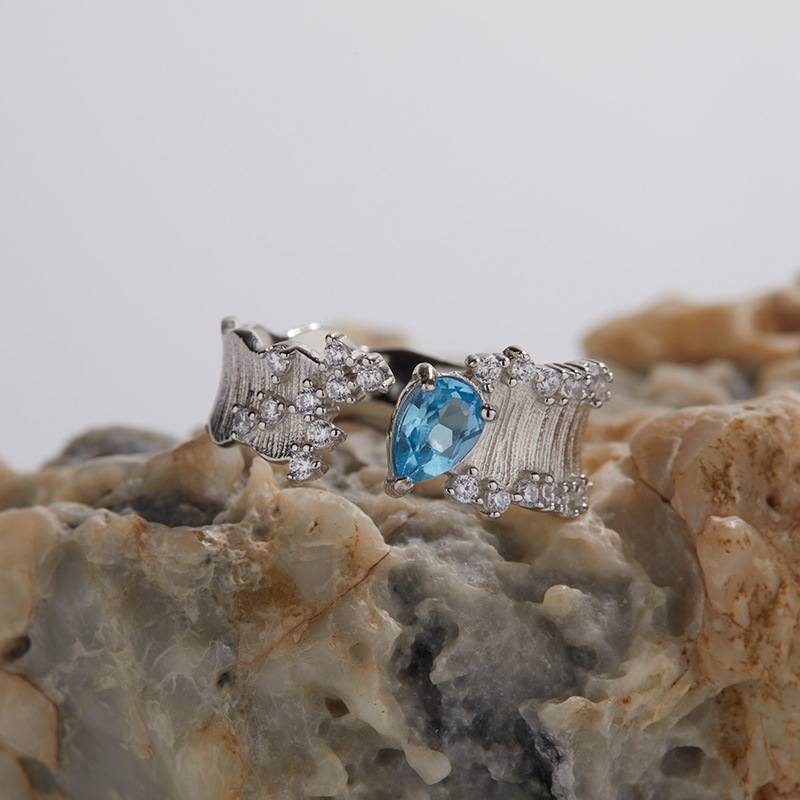S925 sterling silver inlaid natural gemstone brushed effect open ring