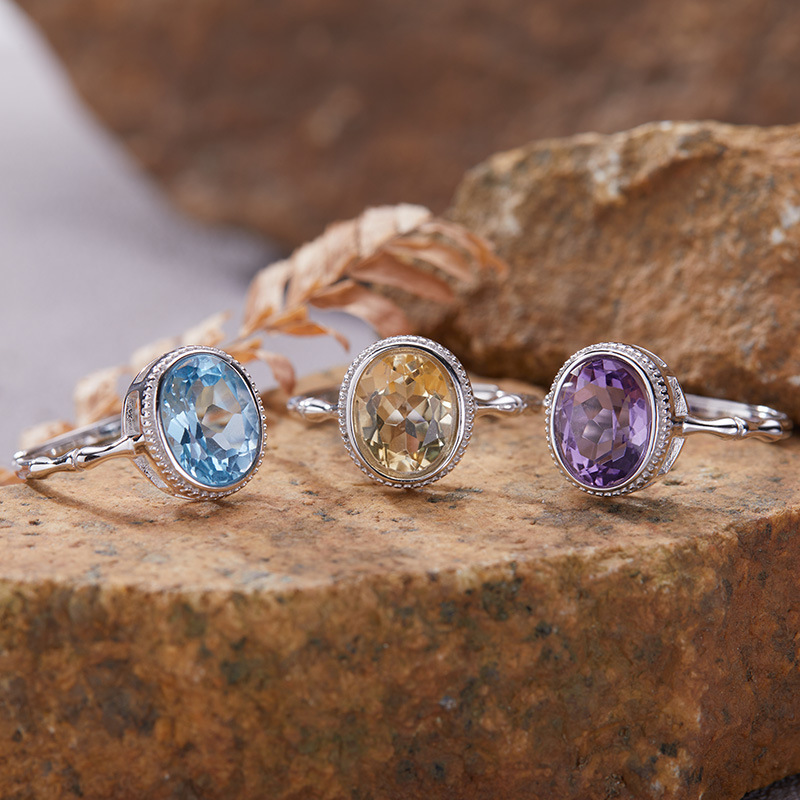 S925 sterling silver inlaid with natural crystal female bamboo ring