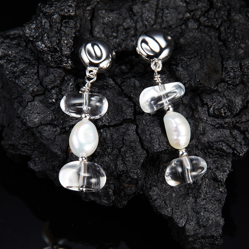 S925 sterling silver inlaid with natural Clear quartz pearl earrings