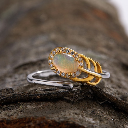 S925 sterling silver inlaid with natural opal egg-shaped ring