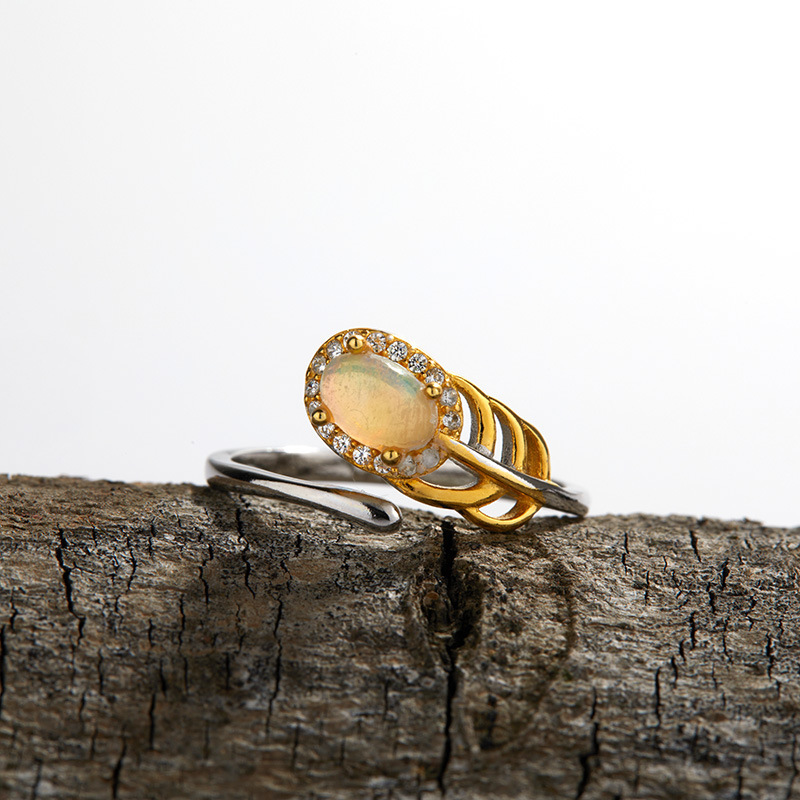 S925 sterling silver inlaid with natural opal egg-shaped ring