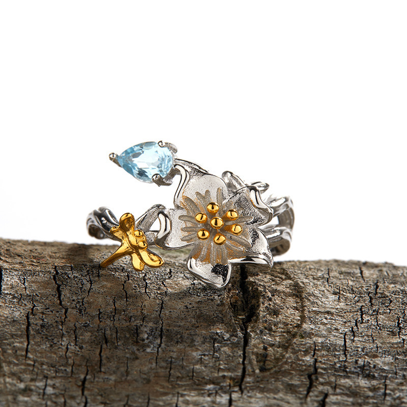 S925 sterling silver inlaid with natural topaz love flower ring