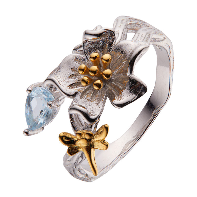 S925 sterling silver inlaid with natural topaz love flower ring