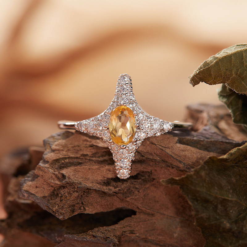 S925 sterling silver inlaid with natural crystal four-pointed star ring