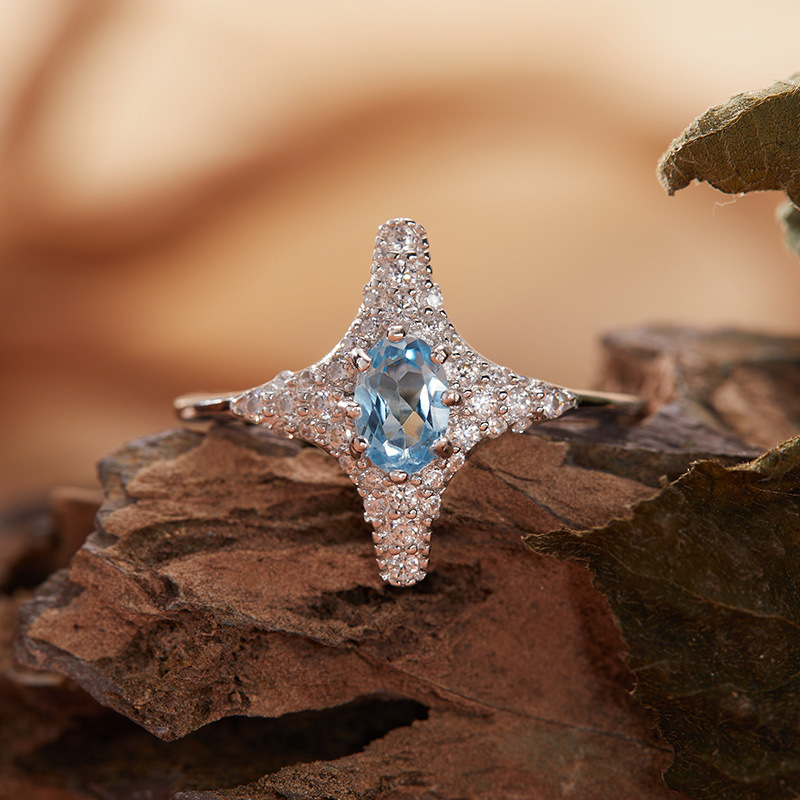 S925 sterling silver inlaid with natural crystal four-pointed star ring
