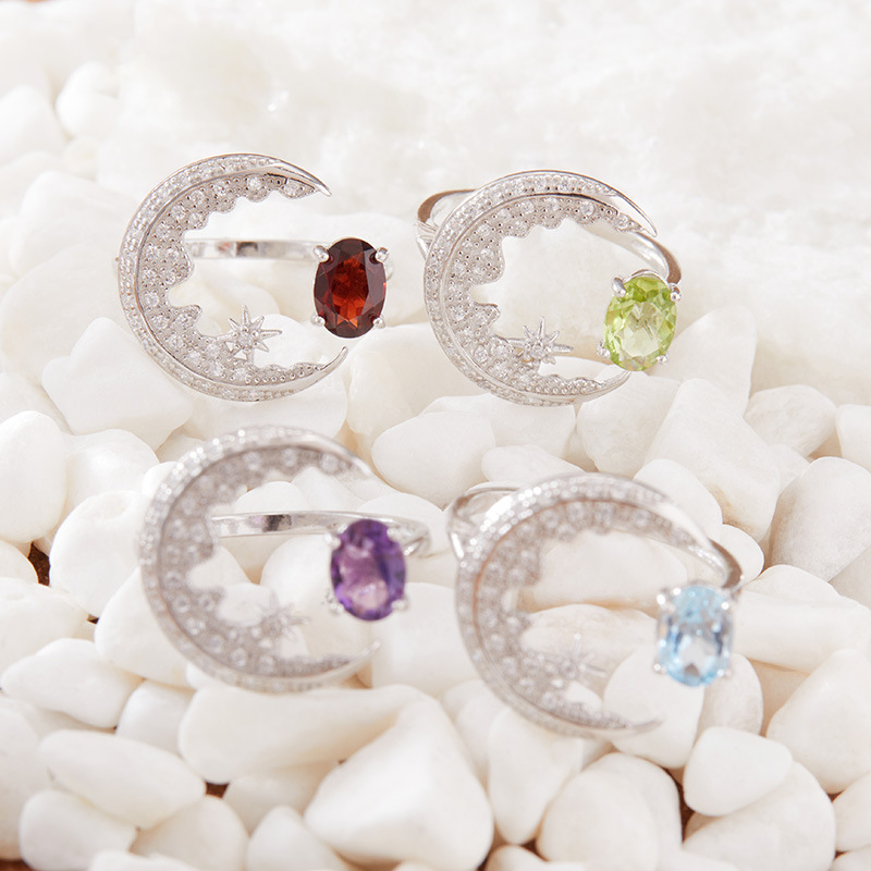 S925 sterling silver inlaid with natural crystal gem moon ring