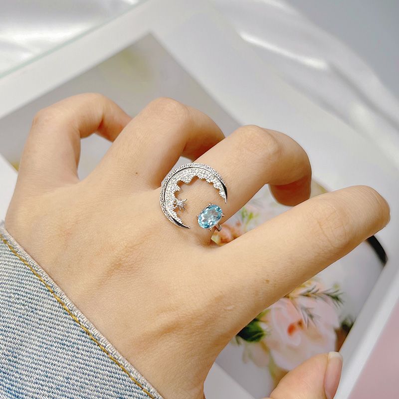 S925 sterling silver inlaid with natural crystal gem moon ring