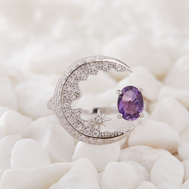 S925 sterling silver inlaid with natural crystal gem moon ring