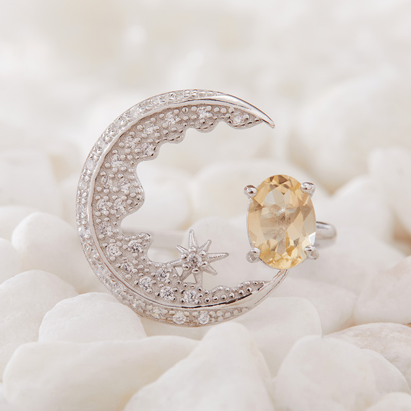 S925 sterling silver inlaid with natural crystal gem moon ring