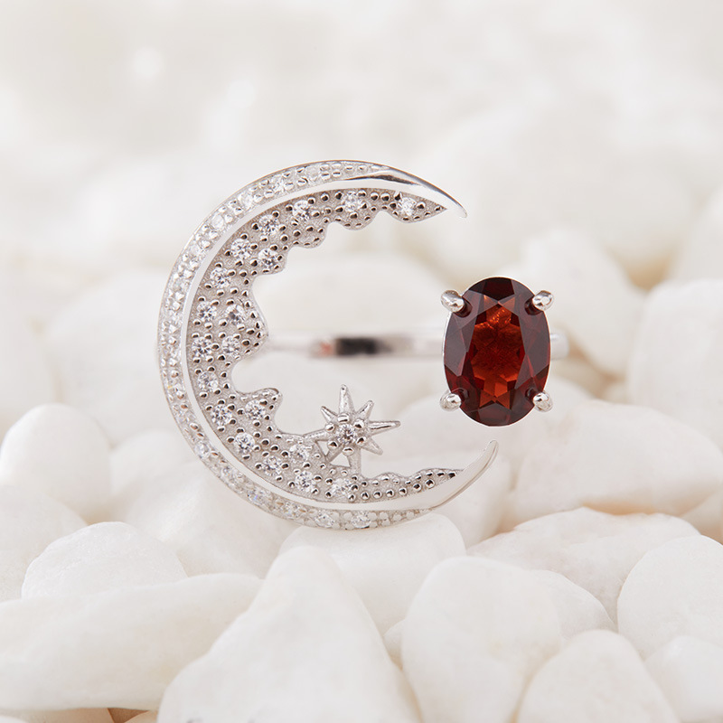 S925 sterling silver inlaid with natural crystal gem moon ring