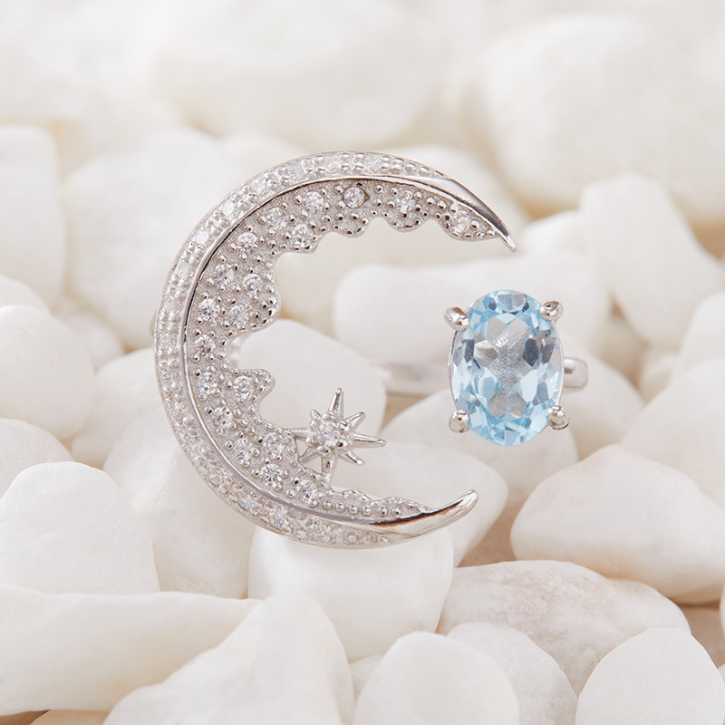 S925 sterling silver inlaid with natural crystal gem moon ring