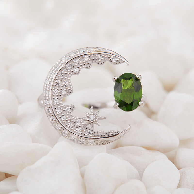 S925 sterling silver inlaid with natural crystal gem moon ring