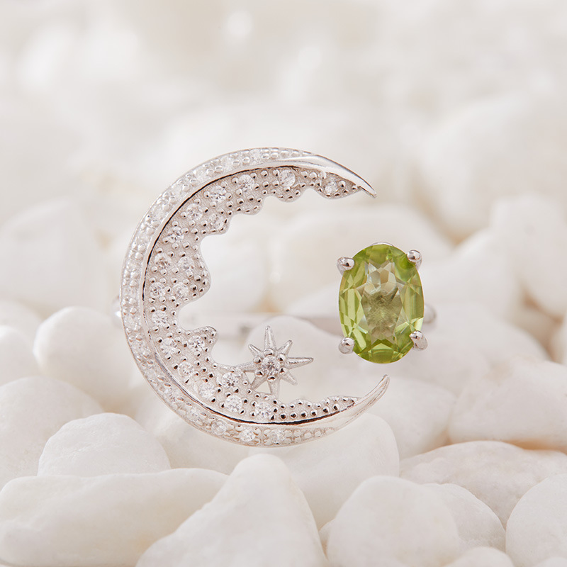 S925 sterling silver inlaid with natural crystal gem moon ring