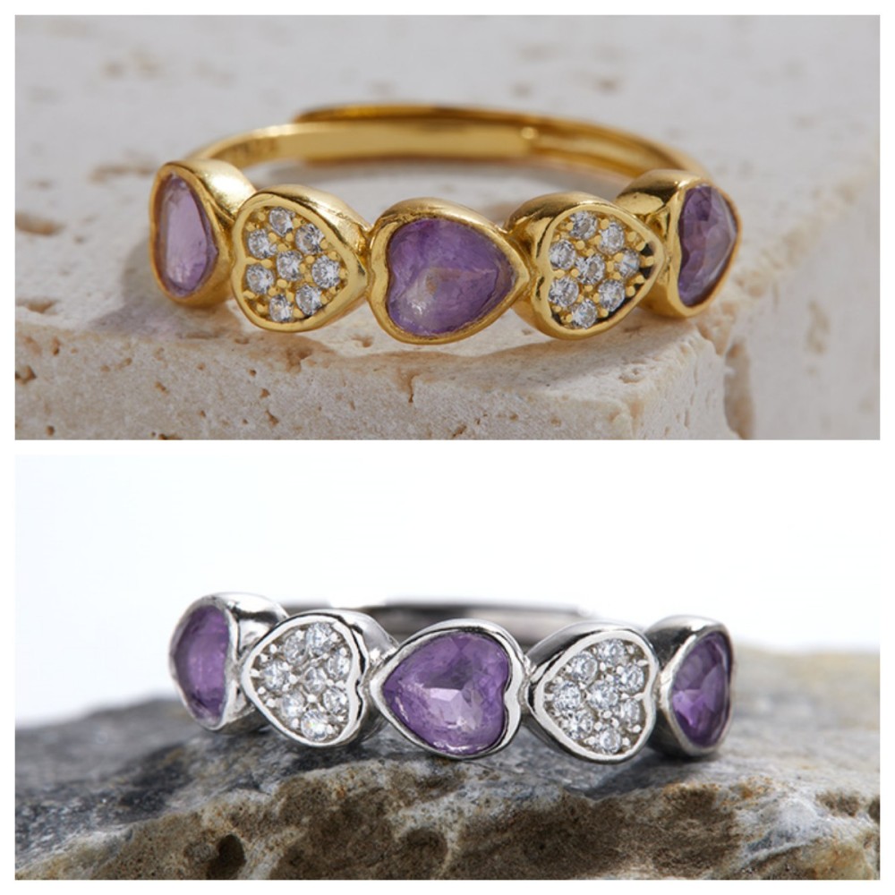 S925 sterling silver inlaid with natural amethyst gemstone love ring
