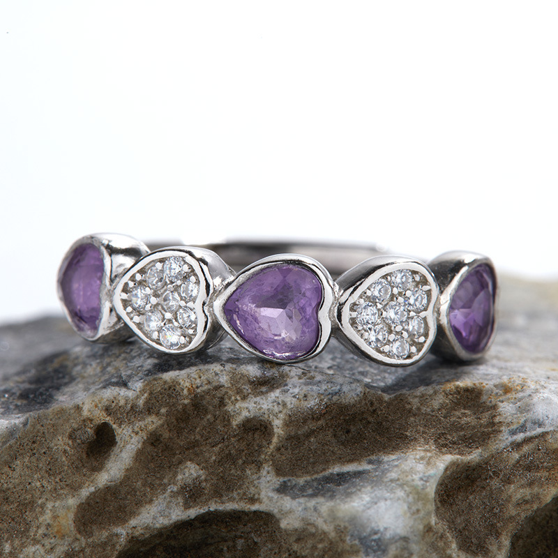 S925 sterling silver inlaid with natural amethyst gemstone love ring