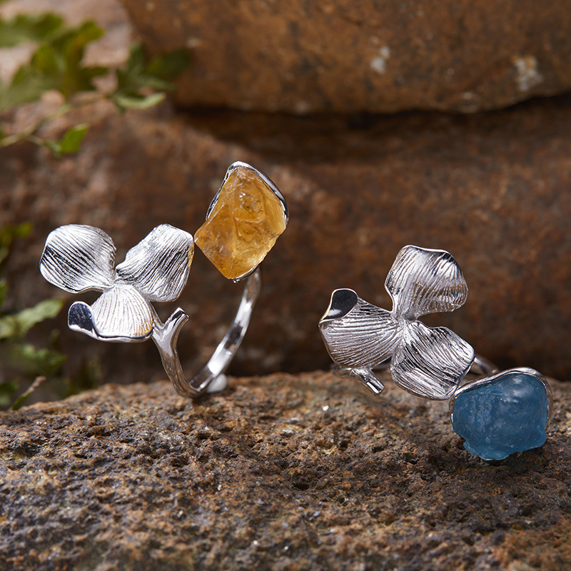S925 sterling silver inlaid with natural crystal gemstone petal open ring
