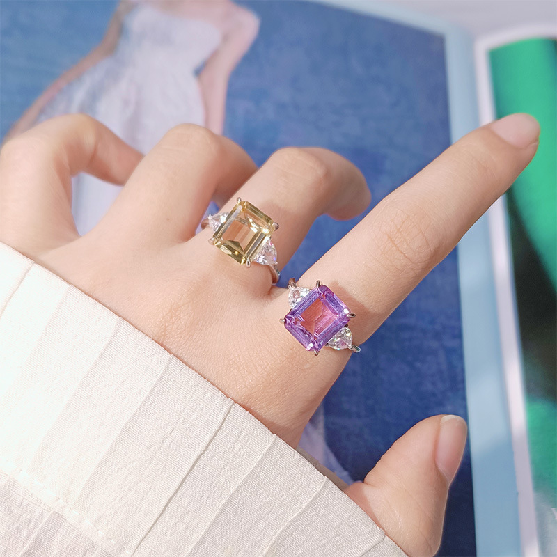 S925 sterling silver inlaid with natural citrine and amethyst ring